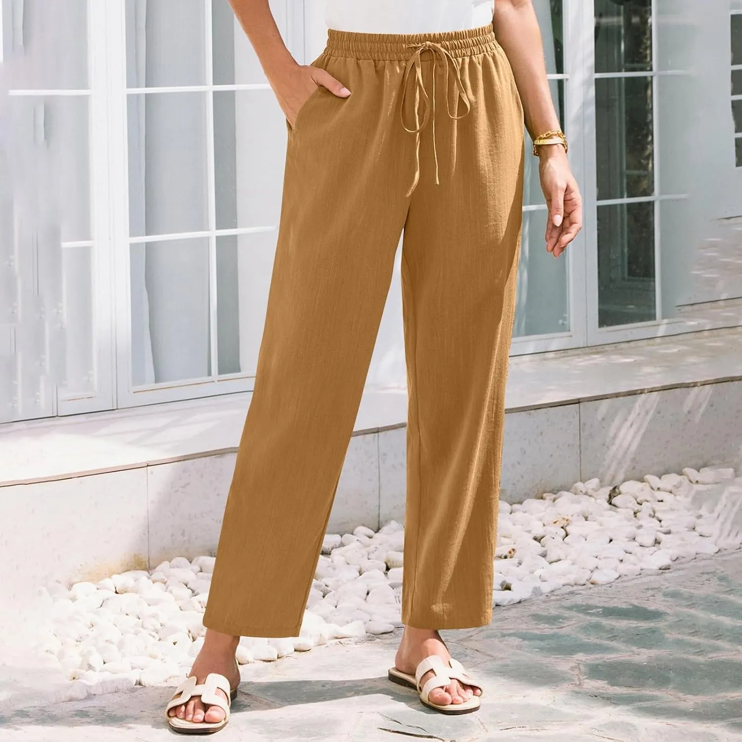 Pants for Women, Linen Peasant Pants Straight Leg Casual Breathable Women Flwoy