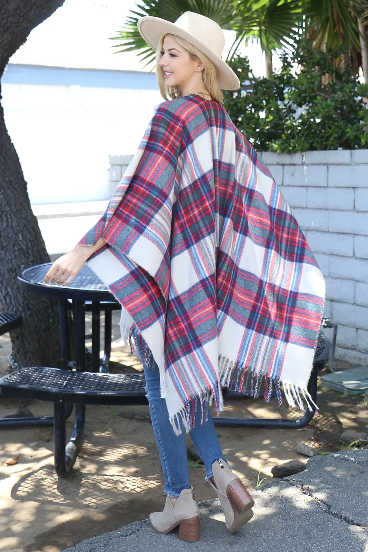 PLAID KNIT FRINGE OPEN FRONT KIMONO