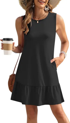 PLOKNRD Women's Summer Dresses Casual Sleeveless Ruffle Hem Tshirt Sundress Loose Beach Tank Dress Pockets 2025