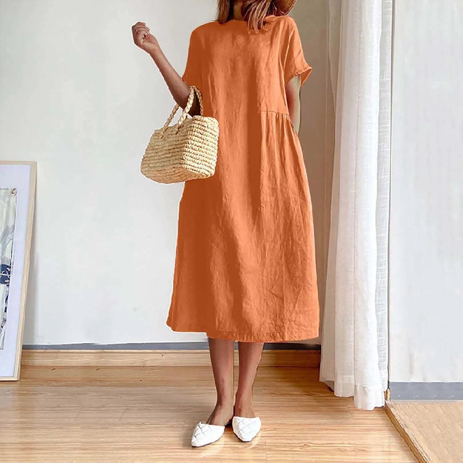 Plus Size Spring Dresses Casual Short Sleeve Loose Cotton Dress Comfy Crew Neck Midi Dress Beach Dress with Pockets