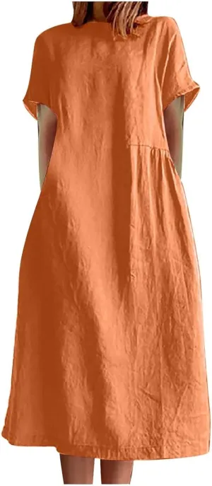 Plus Size Spring Dresses Casual Short Sleeve Loose Cotton Dress Comfy Crew Neck Midi Dress Beach Dress with Pockets
