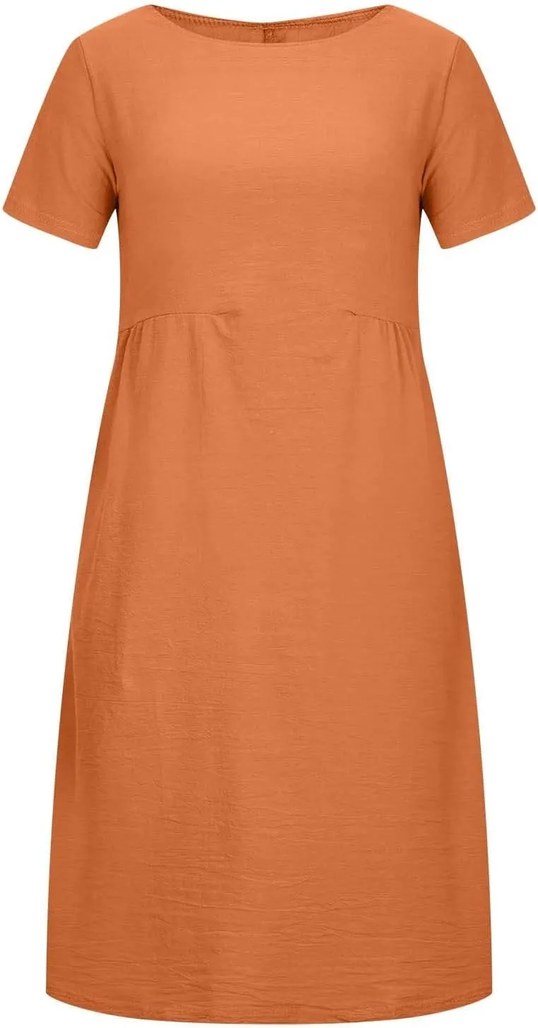 Plus Size Spring Dresses Casual Short Sleeve Loose Cotton Dress Comfy Crew Neck Midi Dress Beach Dress with Pockets