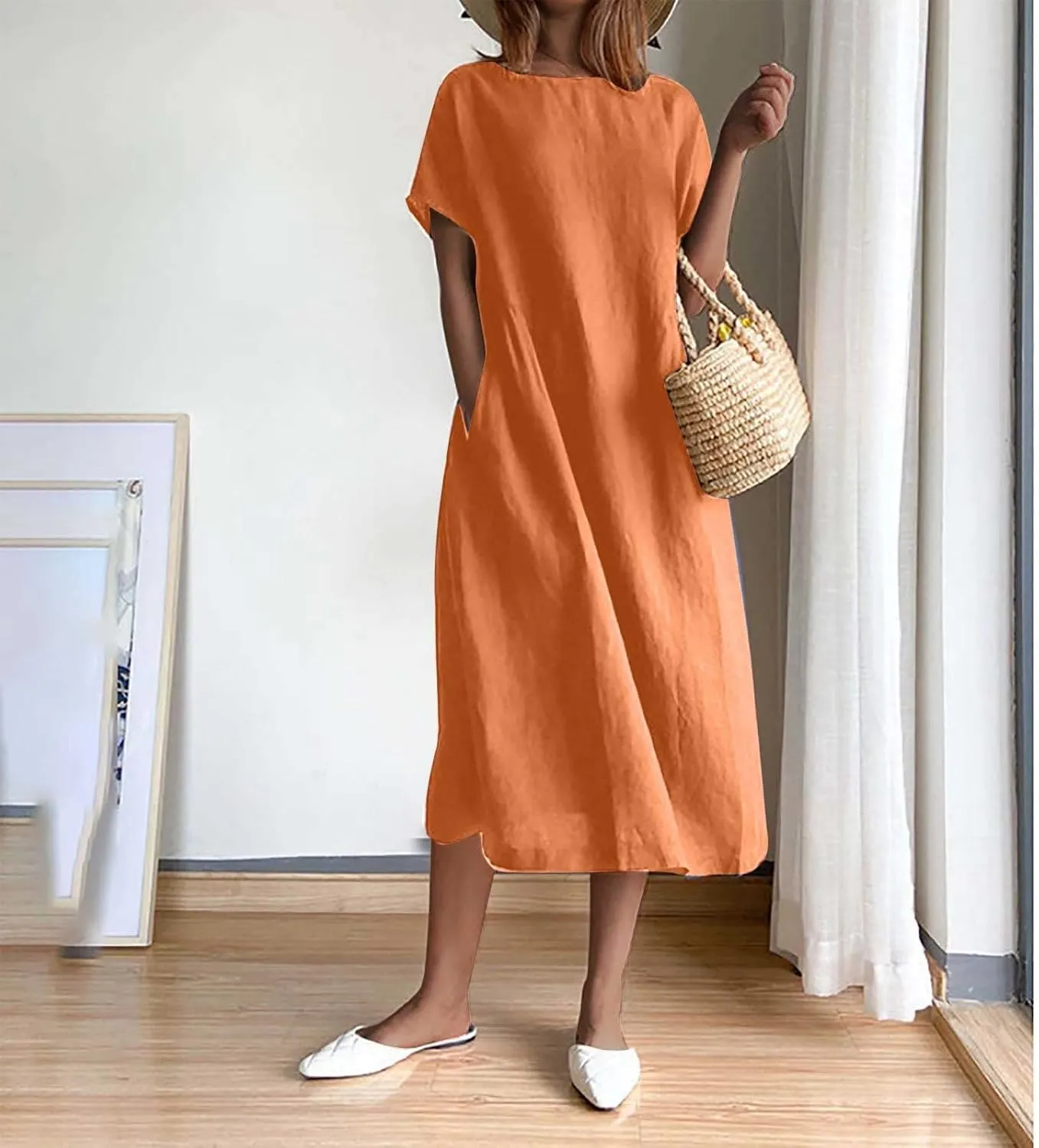 Plus Size Spring Dresses Casual Short Sleeve Loose Cotton Dress Comfy Crew Neck Midi Dress Beach Dress with Pockets