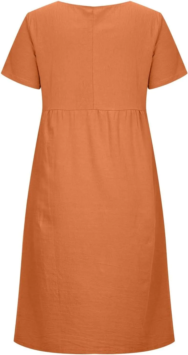 Plus Size Spring Dresses Casual Short Sleeve Loose Cotton Dress Comfy Crew Neck Midi Dress Beach Dress with Pockets