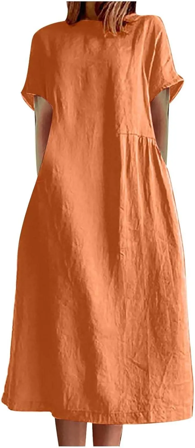 Plus Size Spring Dresses Casual Short Sleeve Loose Cotton Dress Comfy Crew Neck Midi Dress Beach Dress with Pockets