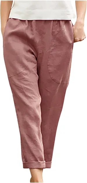 Plus Size Summer Pants for Women Cotton Linen Fold Hem Ankle Pants Elastic Waist Breathable Trousers with Pockets