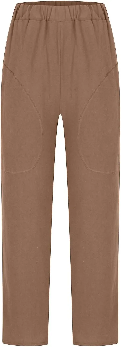 Plus Size Summer Pants for Women Cotton Linen Fold Hem Ankle Pants Elastic Waist Breathable Trousers with Pockets