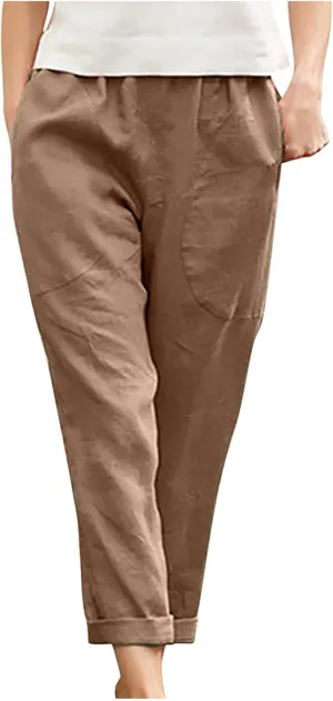 Plus Size Summer Pants for Women Cotton Linen Fold Hem Ankle Pants Elastic Waist Breathable Trousers with Pockets