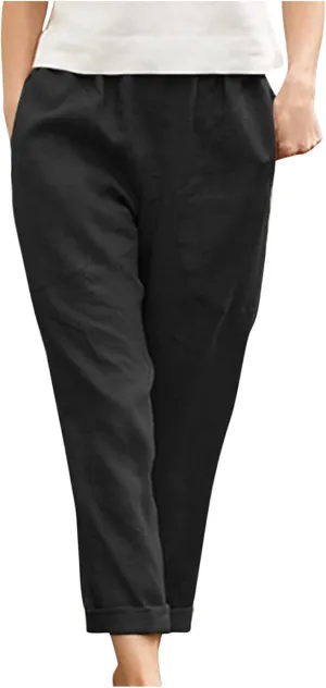 Plus Size Summer Pants for Women Cotton Linen Fold Hem Ankle Pants Elastic Waist Breathable Trousers with Pockets