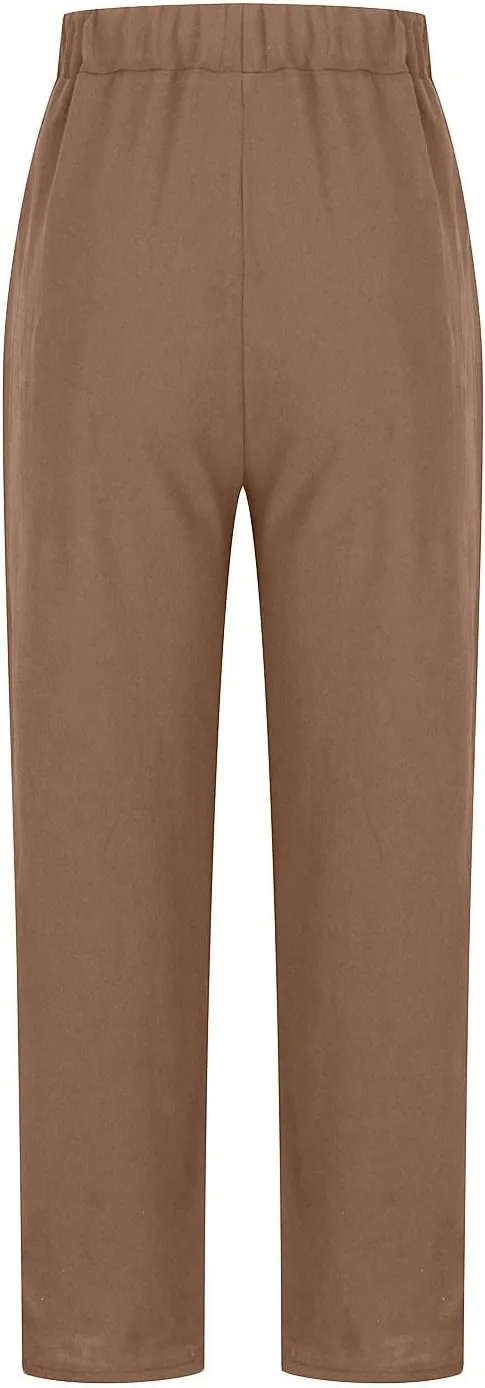 Plus Size Summer Pants for Women Cotton Linen Fold Hem Ankle Pants Elastic Waist Breathable Trousers with Pockets