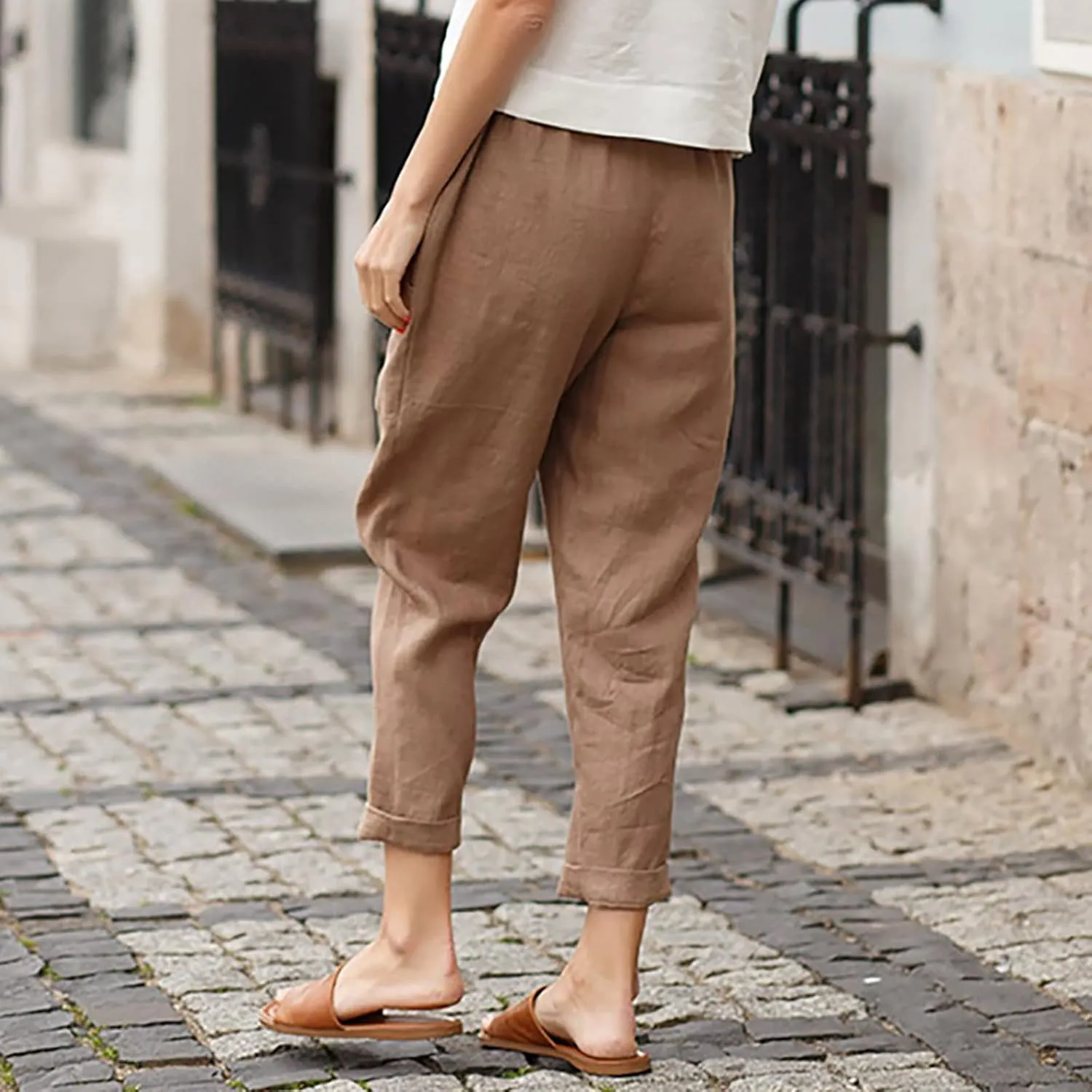 Plus Size Summer Pants for Women Cotton Linen Fold Hem Ankle Pants Elastic Waist Breathable Trousers with Pockets