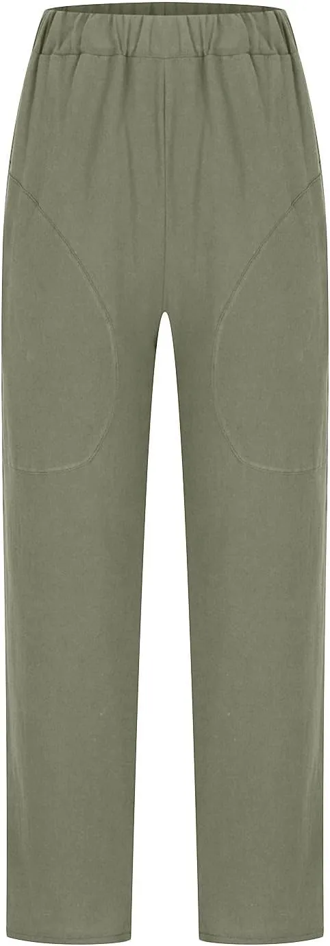 Plus Size Summer Pants for Women Cotton Linen Fold Hem Ankle Pants Elastic Waist Breathable Trousers with Pockets