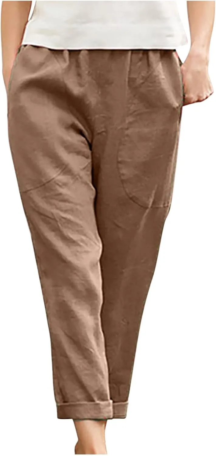 Plus Size Summer Pants for Women Cotton Linen Fold Hem Ankle Pants Elastic Waist Breathable Trousers with Pockets