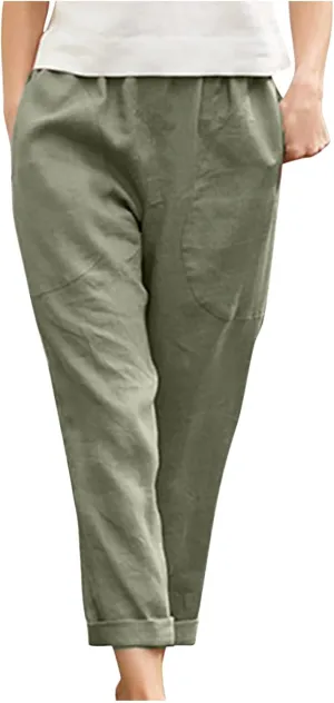Plus Size Summer Pants for Women Cotton Linen Fold Hem Ankle Pants Elastic Waist Breathable Trousers with Pockets
