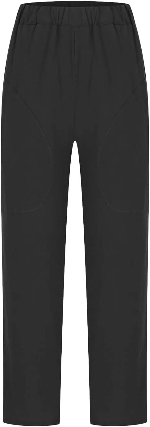 Plus Size Summer Pants for Women Cotton Linen Fold Hem Ankle Pants Elastic Waist Breathable Trousers with Pockets