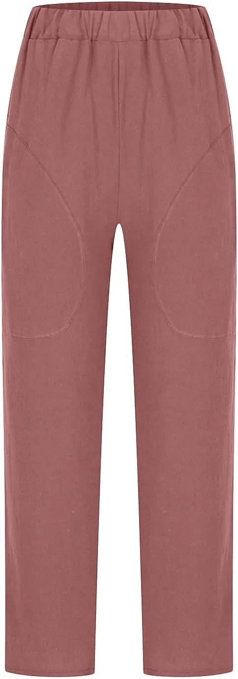 Plus Size Summer Pants for Women Cotton Linen Fold Hem Ankle Pants Elastic Waist Breathable Trousers with Pockets