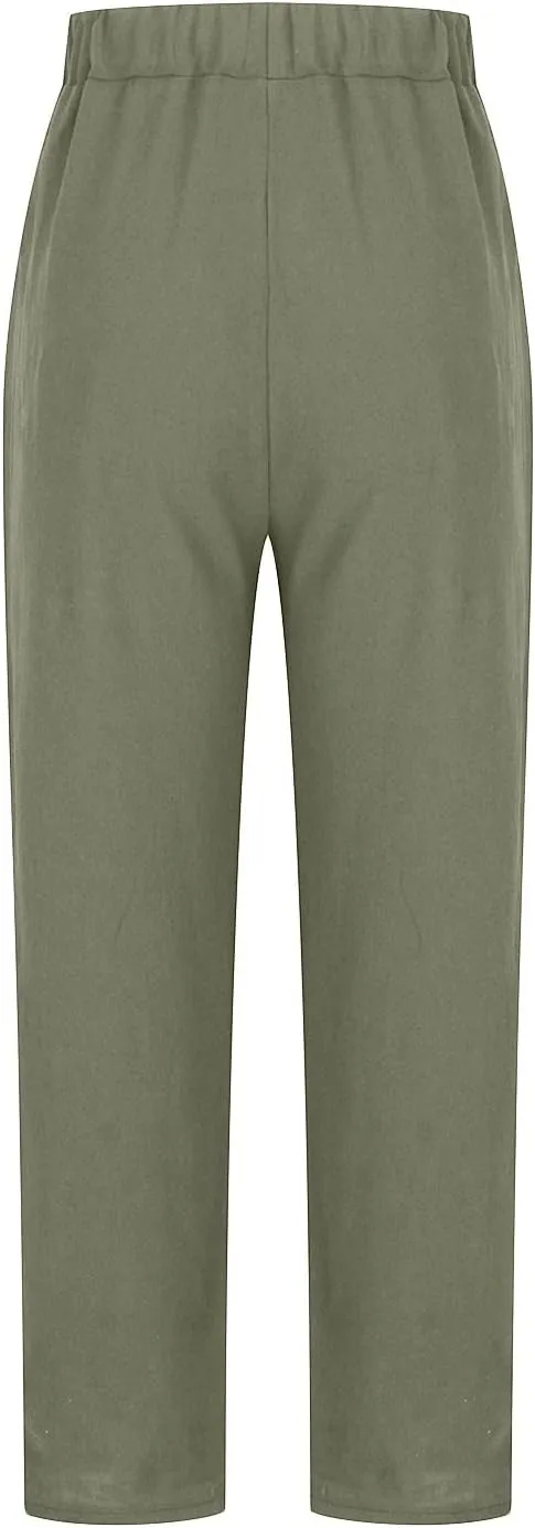 Plus Size Summer Pants for Women Cotton Linen Fold Hem Ankle Pants Elastic Waist Breathable Trousers with Pockets