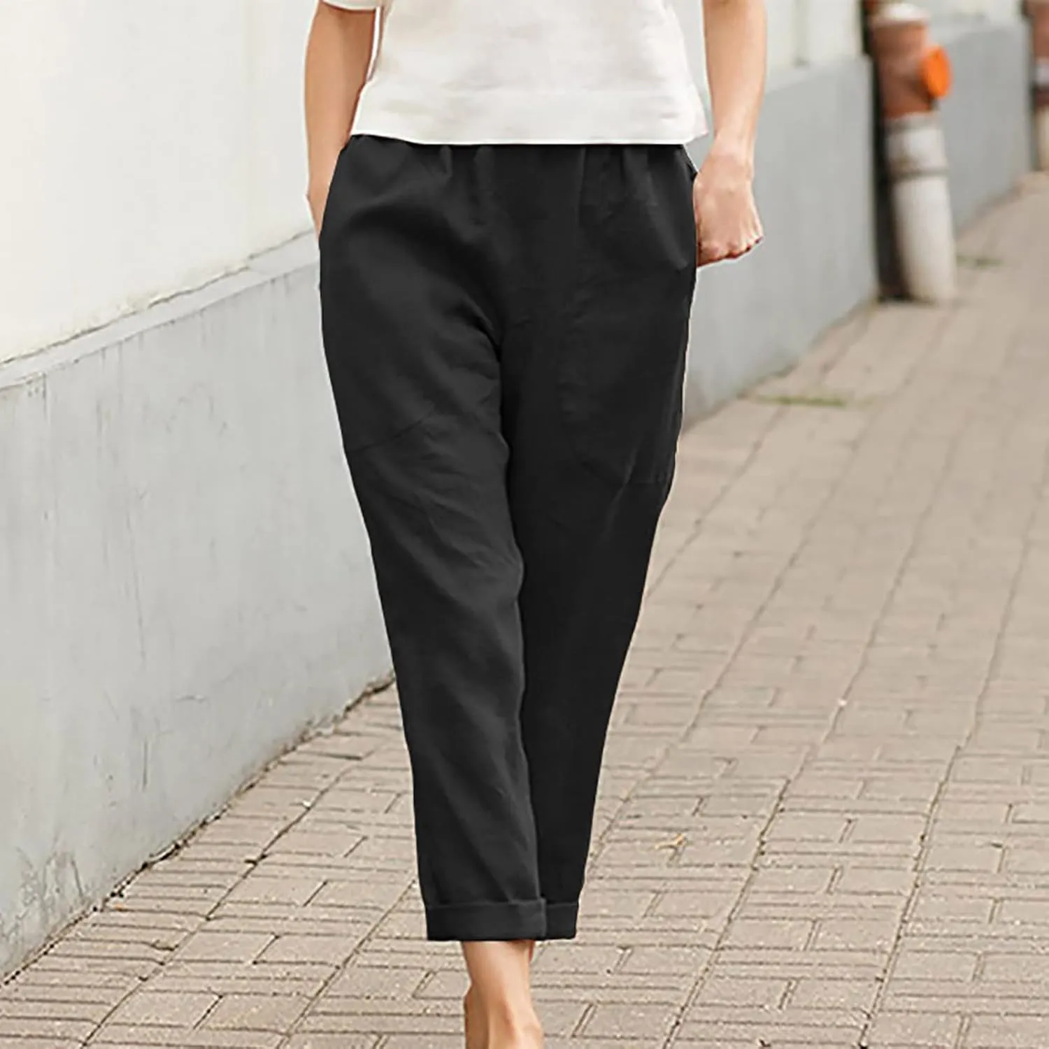 Plus Size Summer Pants for Women Cotton Linen Fold Hem Ankle Pants Elastic Waist Breathable Trousers with Pockets