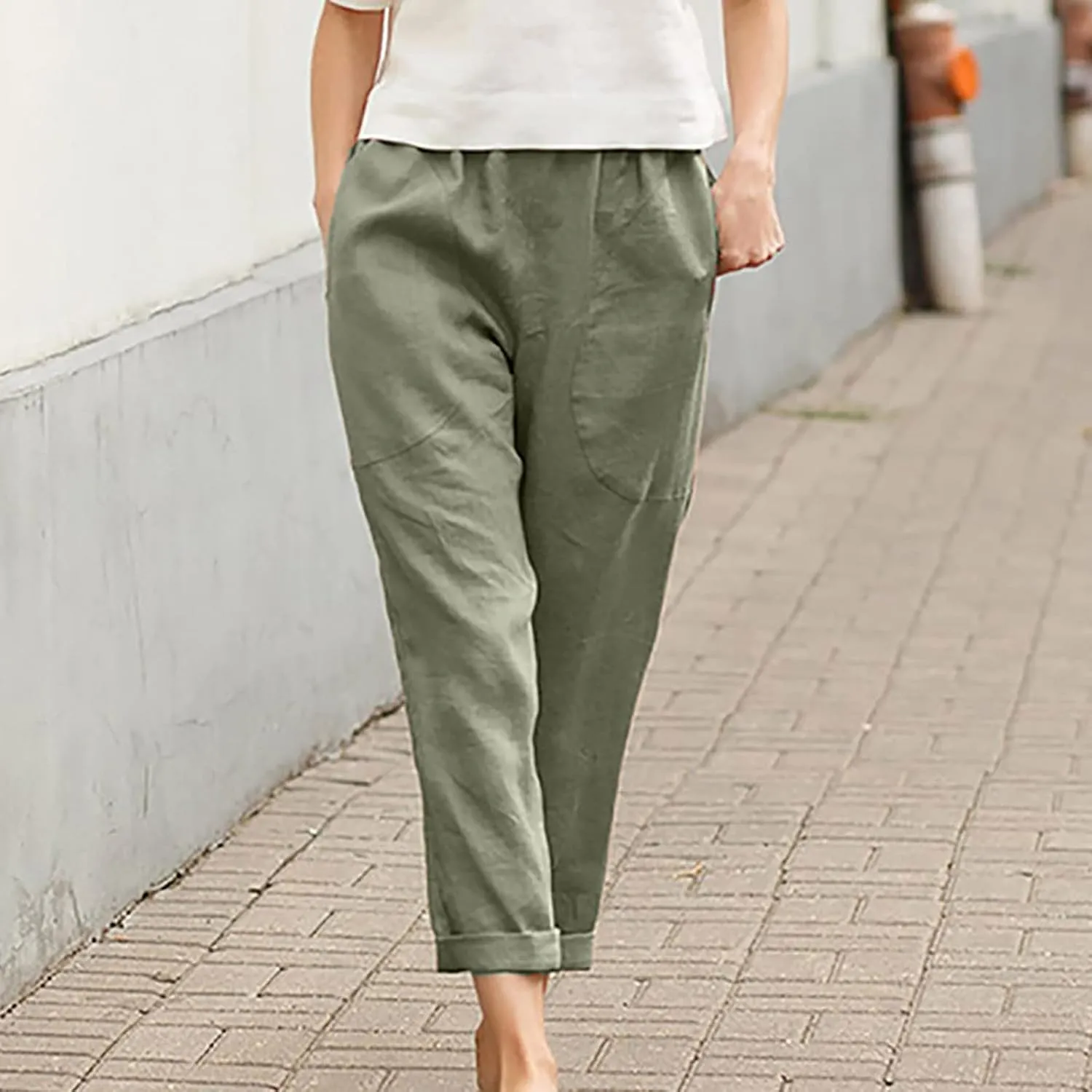Plus Size Summer Pants for Women Cotton Linen Fold Hem Ankle Pants Elastic Waist Breathable Trousers with Pockets