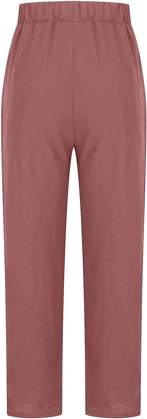 Plus Size Summer Pants for Women Cotton Linen Fold Hem Ankle Pants Elastic Waist Breathable Trousers with Pockets