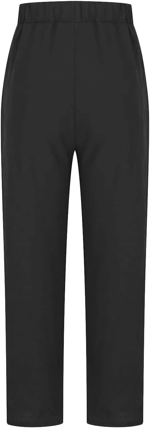 Plus Size Summer Pants for Women Cotton Linen Fold Hem Ankle Pants Elastic Waist Breathable Trousers with Pockets