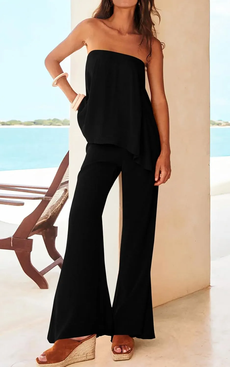 PRETTYGARDEN Women's 2 Piece Outfits 2024 Summer Beach Flowy Womens Tops Dressy Casual Lounge Sets for Women Wide Leg Pants