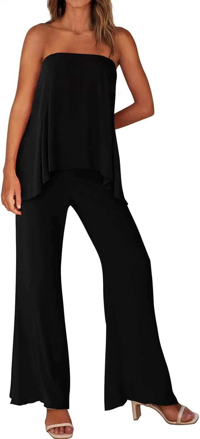 PRETTYGARDEN Women's 2 Piece Outfits 2024 Summer Beach Flowy Womens Tops Dressy Casual Lounge Sets for Women Wide Leg Pants