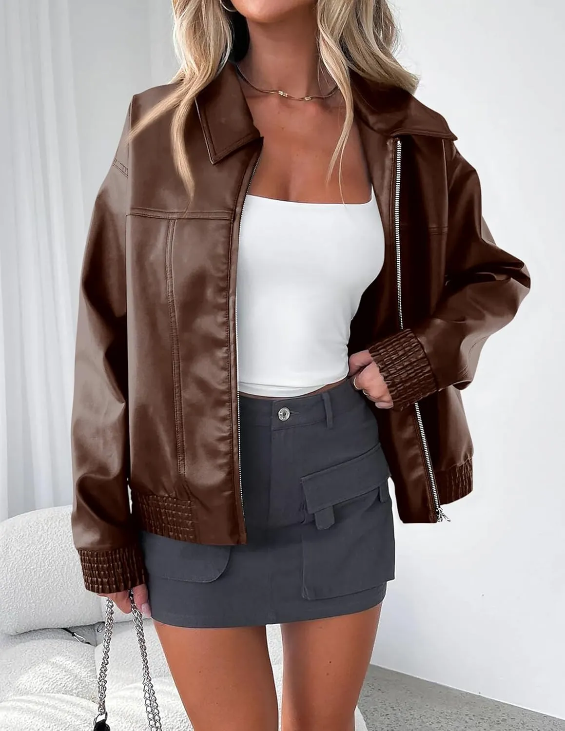 PRETTYGARDEN Women's Faux Leather Jackets 2025 Spring Bomber Jacket Zip Up Motorcycle Coats Long Sleeve Winter Clothes