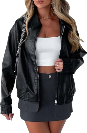PRETTYGARDEN Women's Faux Leather Jackets 2025 Spring Bomber Jacket Zip Up Motorcycle Coats Long Sleeve Winter Clothes