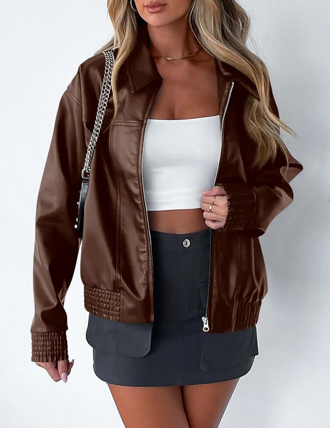 PRETTYGARDEN Women's Faux Leather Jackets 2025 Spring Bomber Jacket Zip Up Motorcycle Coats Long Sleeve Winter Clothes