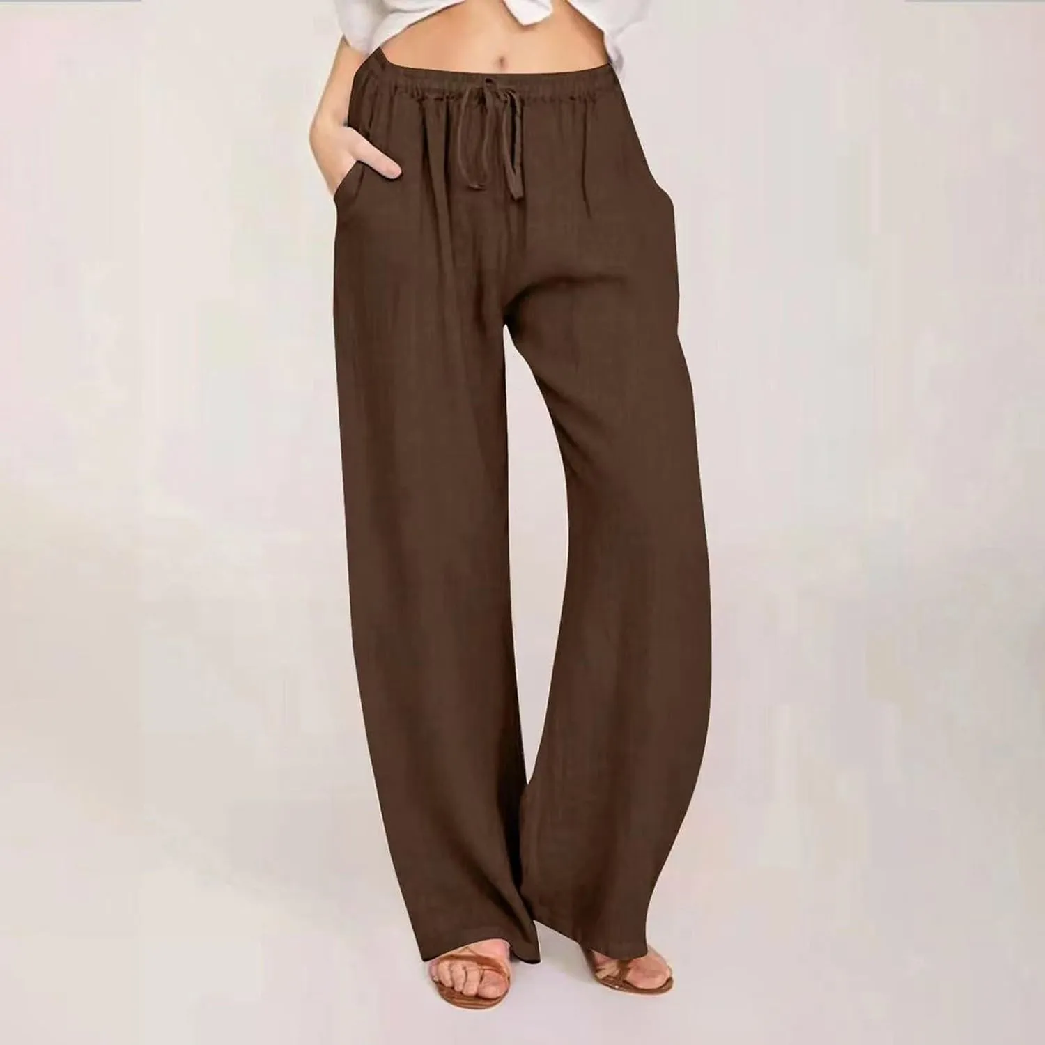 PTOLOCIF Linen Beach Pants Women,Casual Cotton Linen Pants Lightweight Elastic Waist Pant Summer Lounge Drawstring Pants