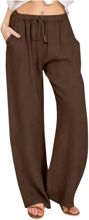 PTOLOCIF Linen Beach Pants Women,Casual Cotton Linen Pants Lightweight Elastic Waist Pant Summer Lounge Drawstring Pants