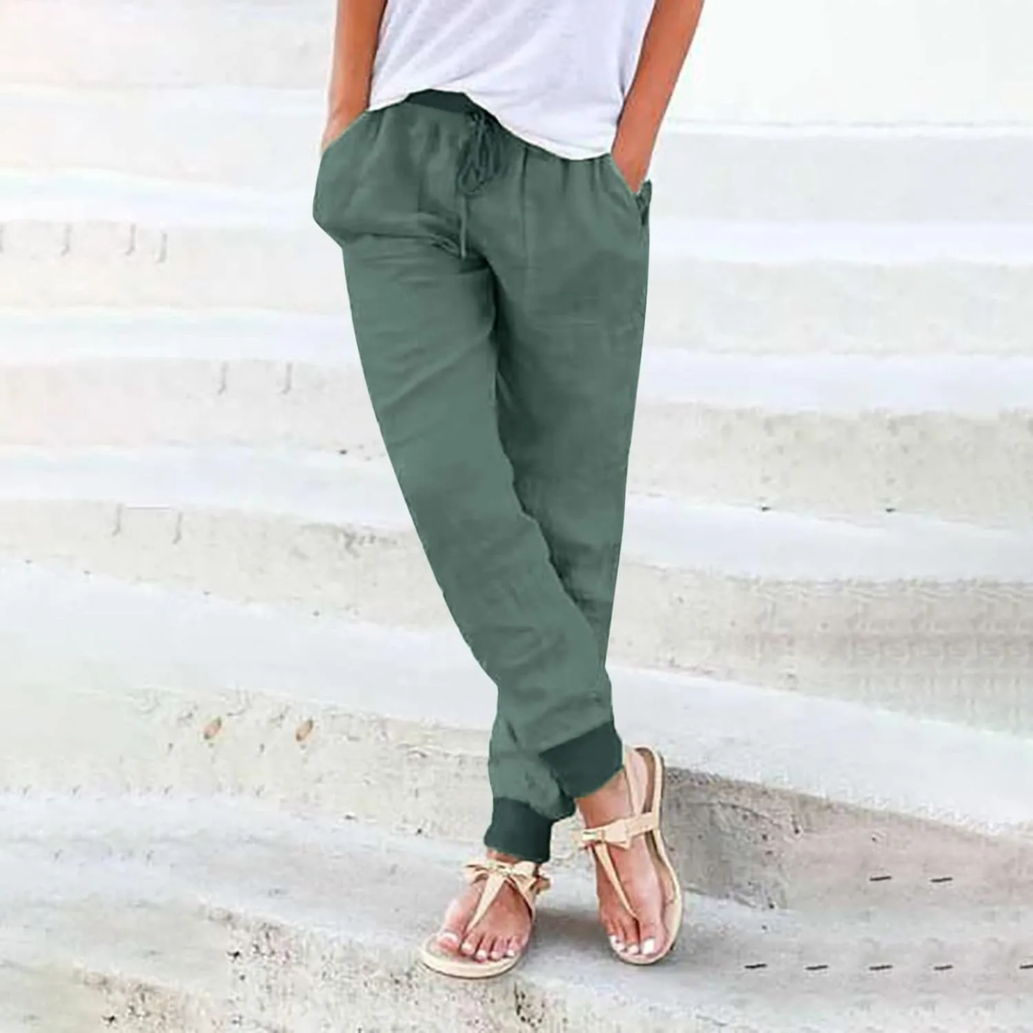 PTOLOCIF Linen Pants Women Wide Leg Casual Palazzo Pants Cotton Linen Lounge Beach Trousers Summer Boho Pant with Pockets