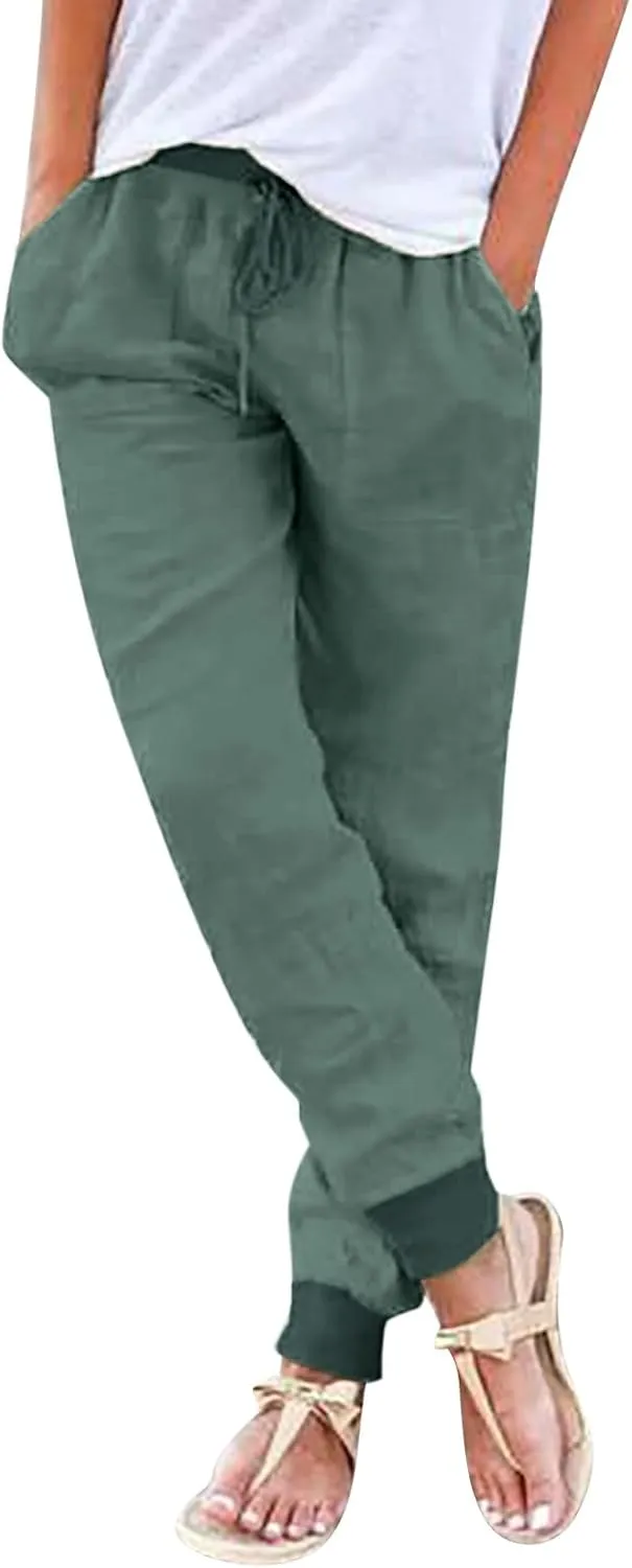 PTOLOCIF Linen Pants Women Wide Leg Casual Palazzo Pants Cotton Linen Lounge Beach Trousers Summer Boho Pant with Pockets
