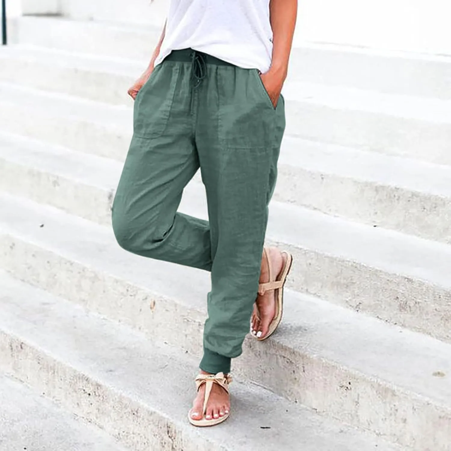 PTOLOCIF Linen Pants Women Wide Leg Casual Palazzo Pants Cotton Linen Lounge Beach Trousers Summer Boho Pant with Pockets