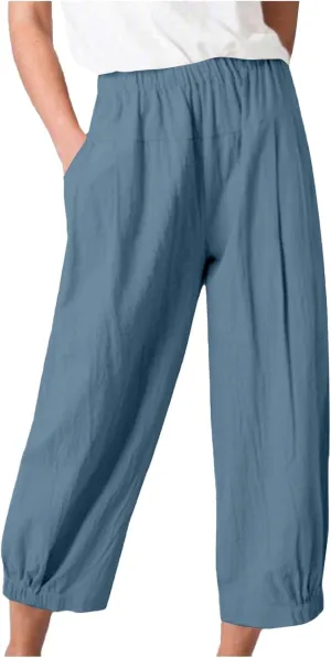 PTOLOCIF Womens Casual Linen Pants Lightweight Cropped Wide Leg Pants Elastic Waist Casual Palazzo Trousers with Pockets