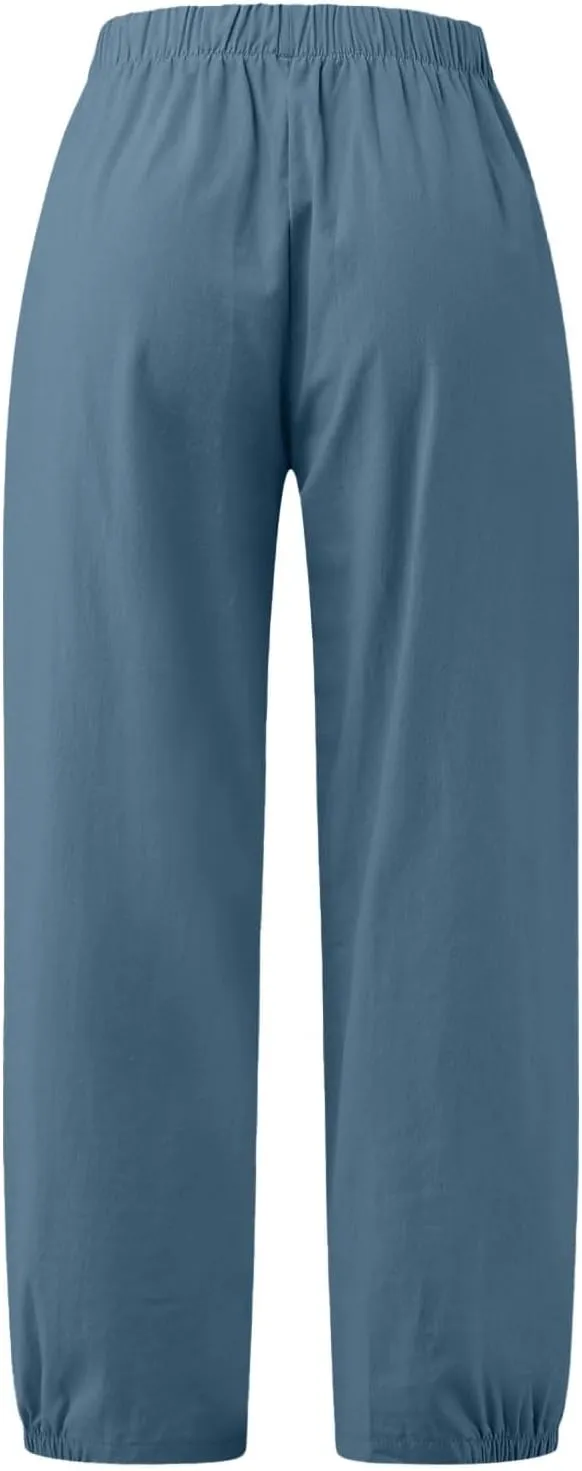 PTOLOCIF Womens Casual Linen Pants Lightweight Cropped Wide Leg Pants Elastic Waist Casual Palazzo Trousers with Pockets