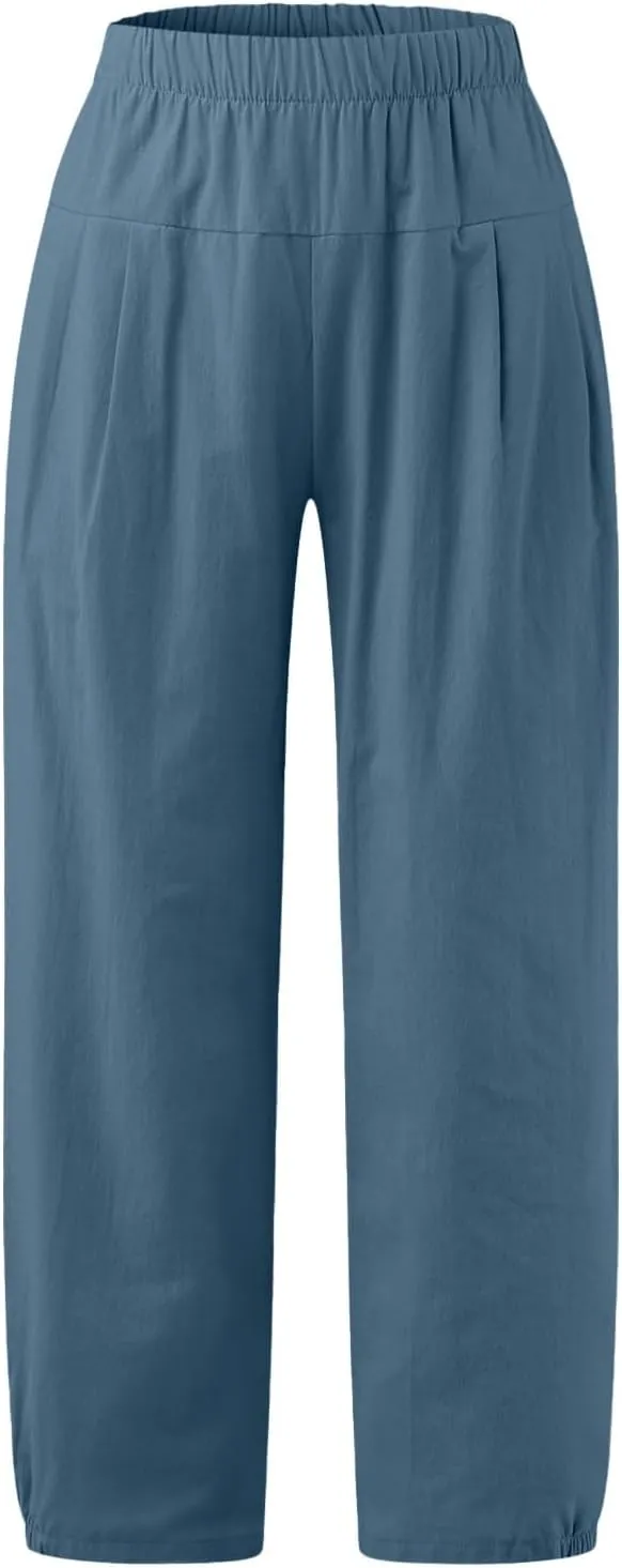 PTOLOCIF Womens Casual Linen Pants Lightweight Cropped Wide Leg Pants Elastic Waist Casual Palazzo Trousers with Pockets