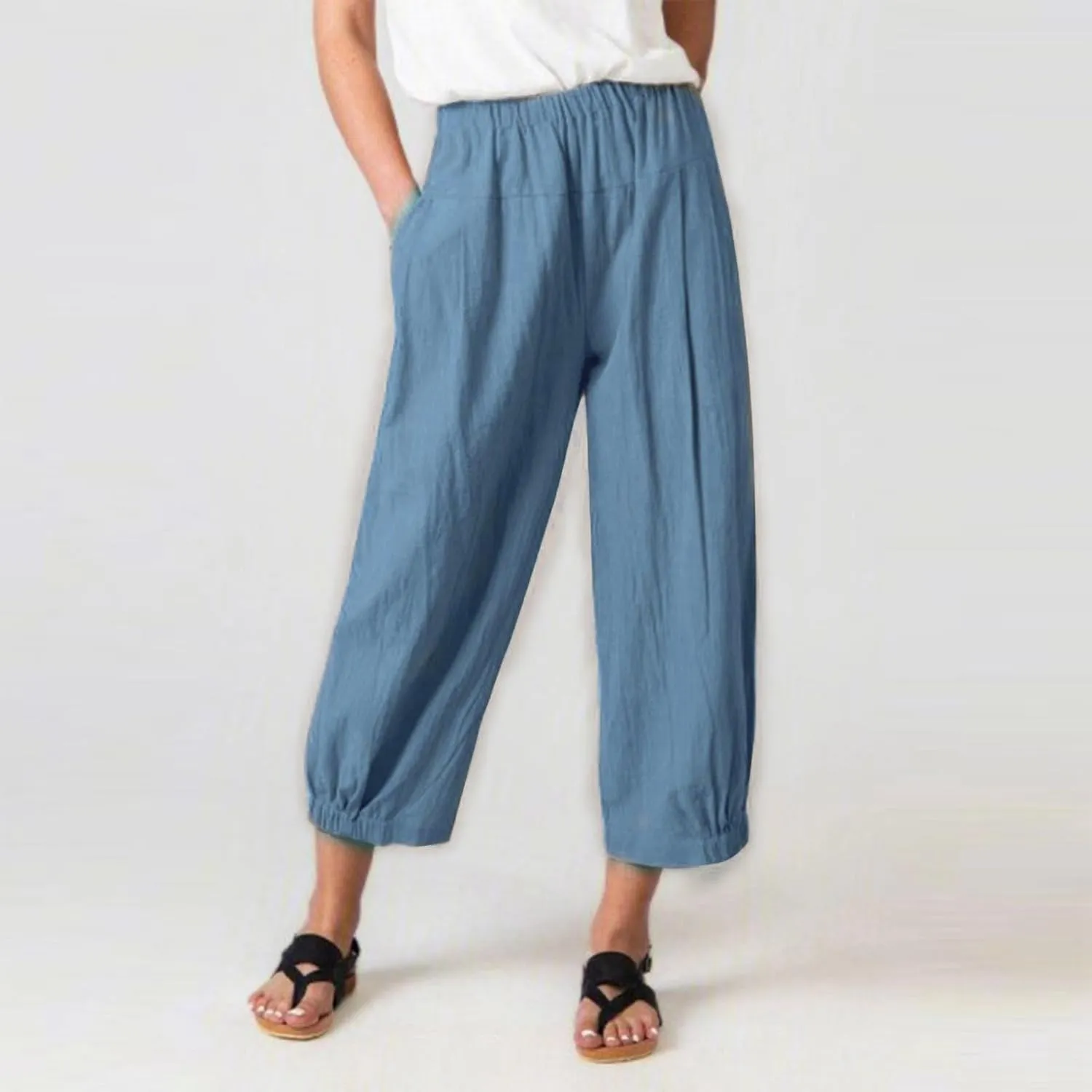 PTOLOCIF Womens Casual Linen Pants Lightweight Cropped Wide Leg Pants Elastic Waist Casual Palazzo Trousers with Pockets
