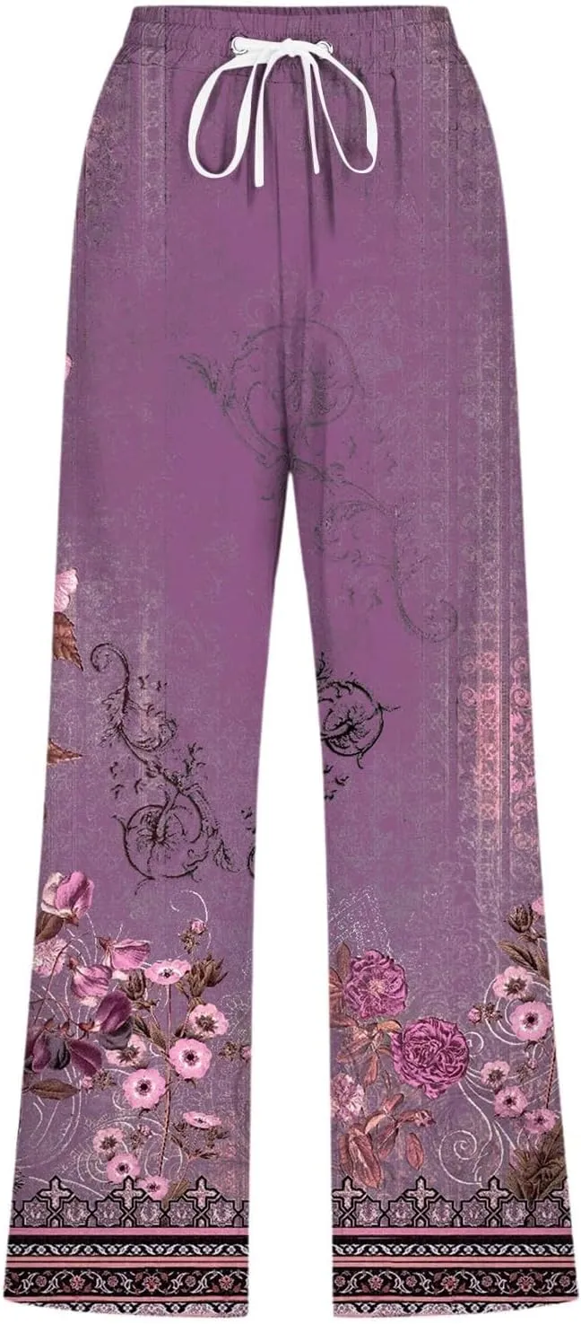 PTOLOCIF Women's Cotton Linen Pants High Waisted Long Palazzo Pants Wide Leg Cotton Linen Lounge Pant Trousers with Pockets