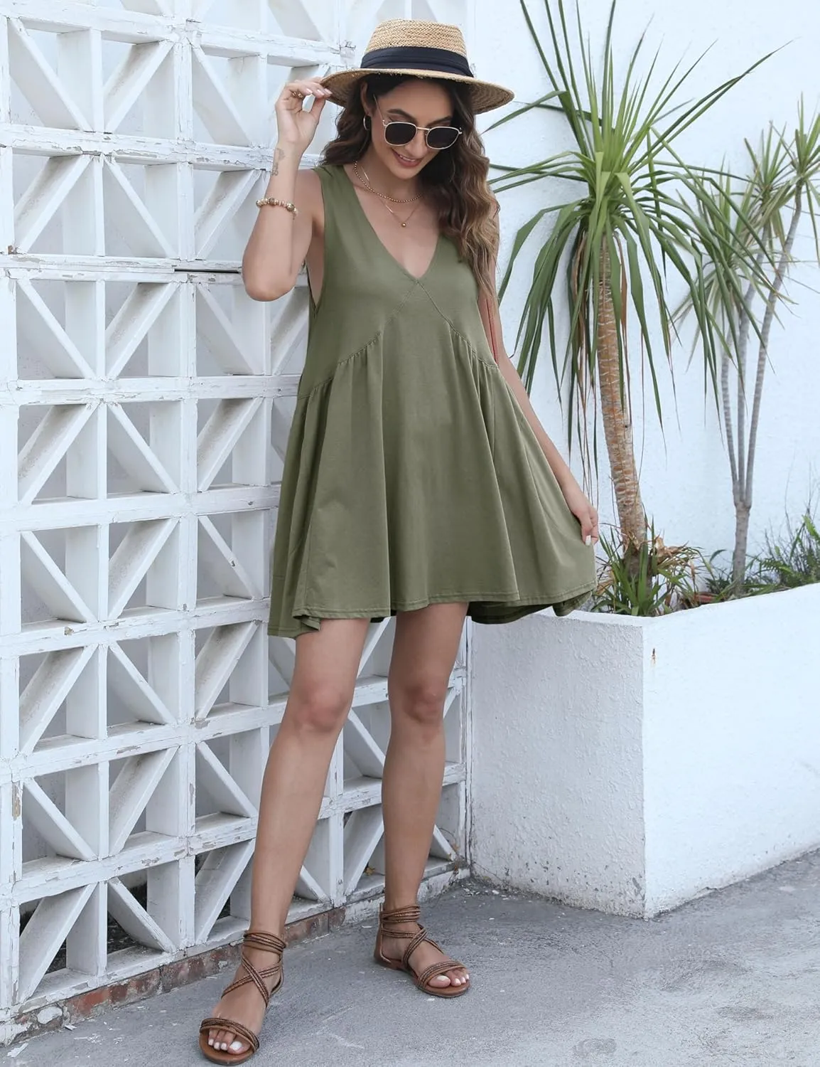 Qiaomai Womens Summer Casual Sleeveless Tank Dress V Neck Mini Dresses Beach Sundress