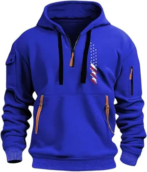 Quarter Zip Hoodie Men Vintage American Flag Tactical Sweatshirt Active Workout Long Sleeve Pullover USA Hoodies