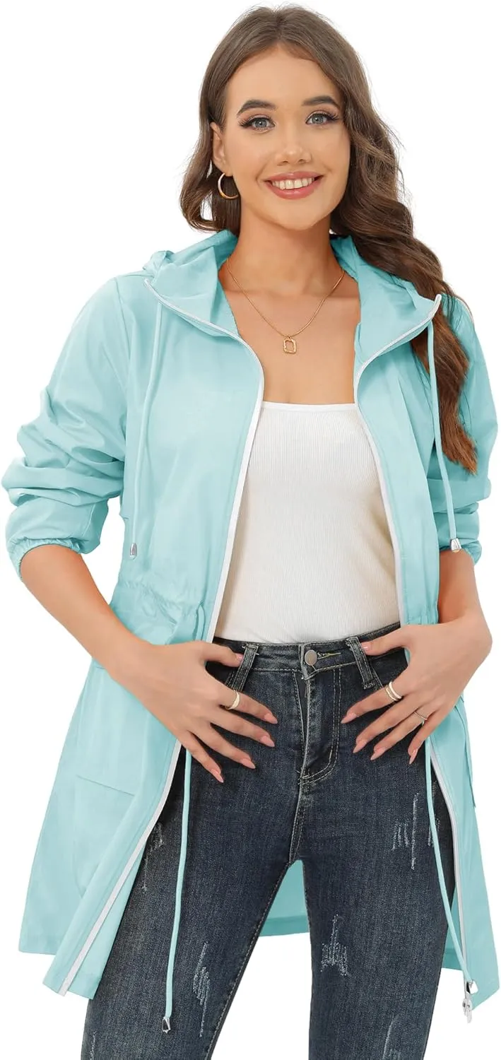 Rain Jacket for Women Waterproof with Hood Active Outdoor Long Rain Coats Packable Raincoat Lightweight Windbreaker