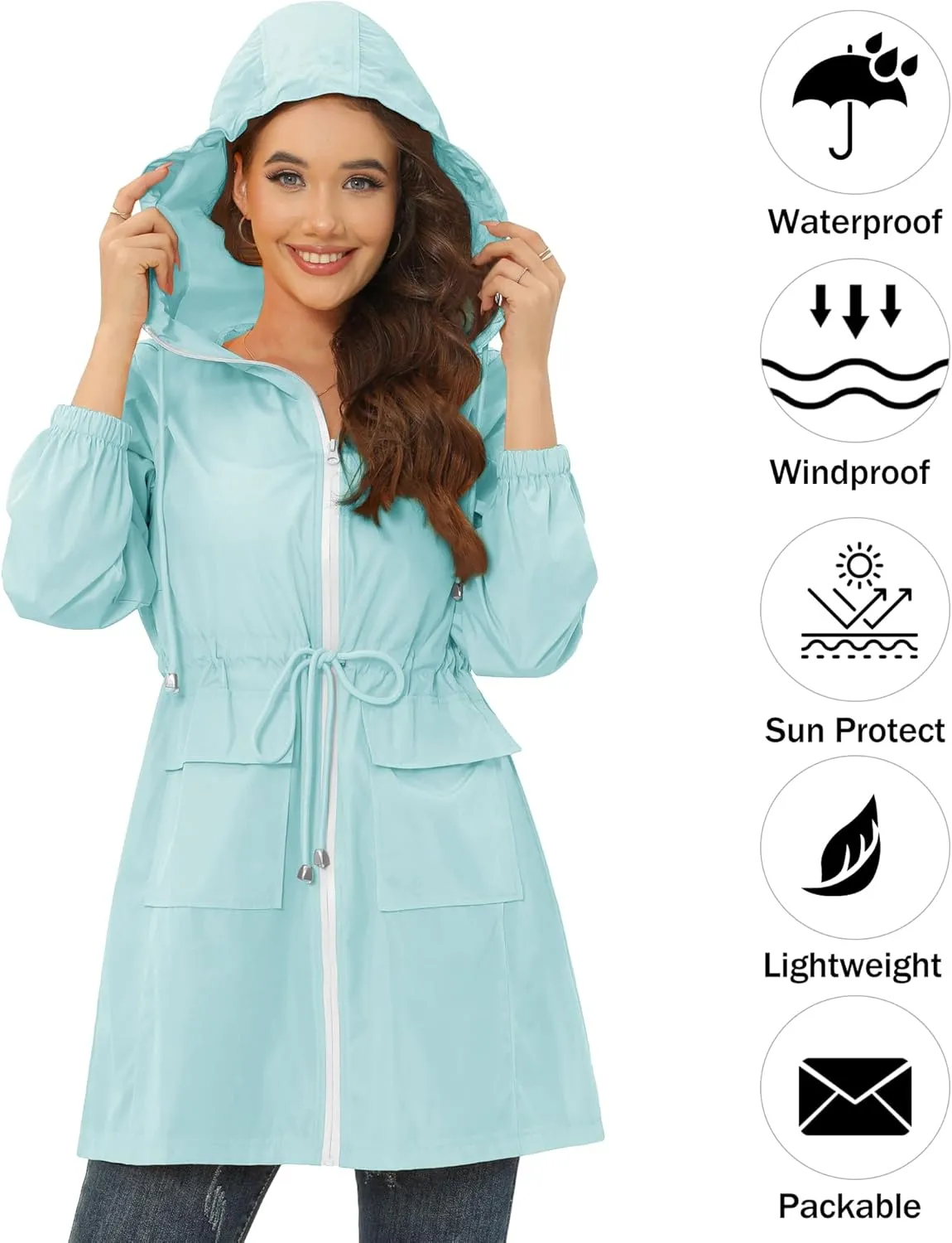 Rain Jacket for Women Waterproof with Hood Active Outdoor Long Rain Coats Packable Raincoat Lightweight Windbreaker
