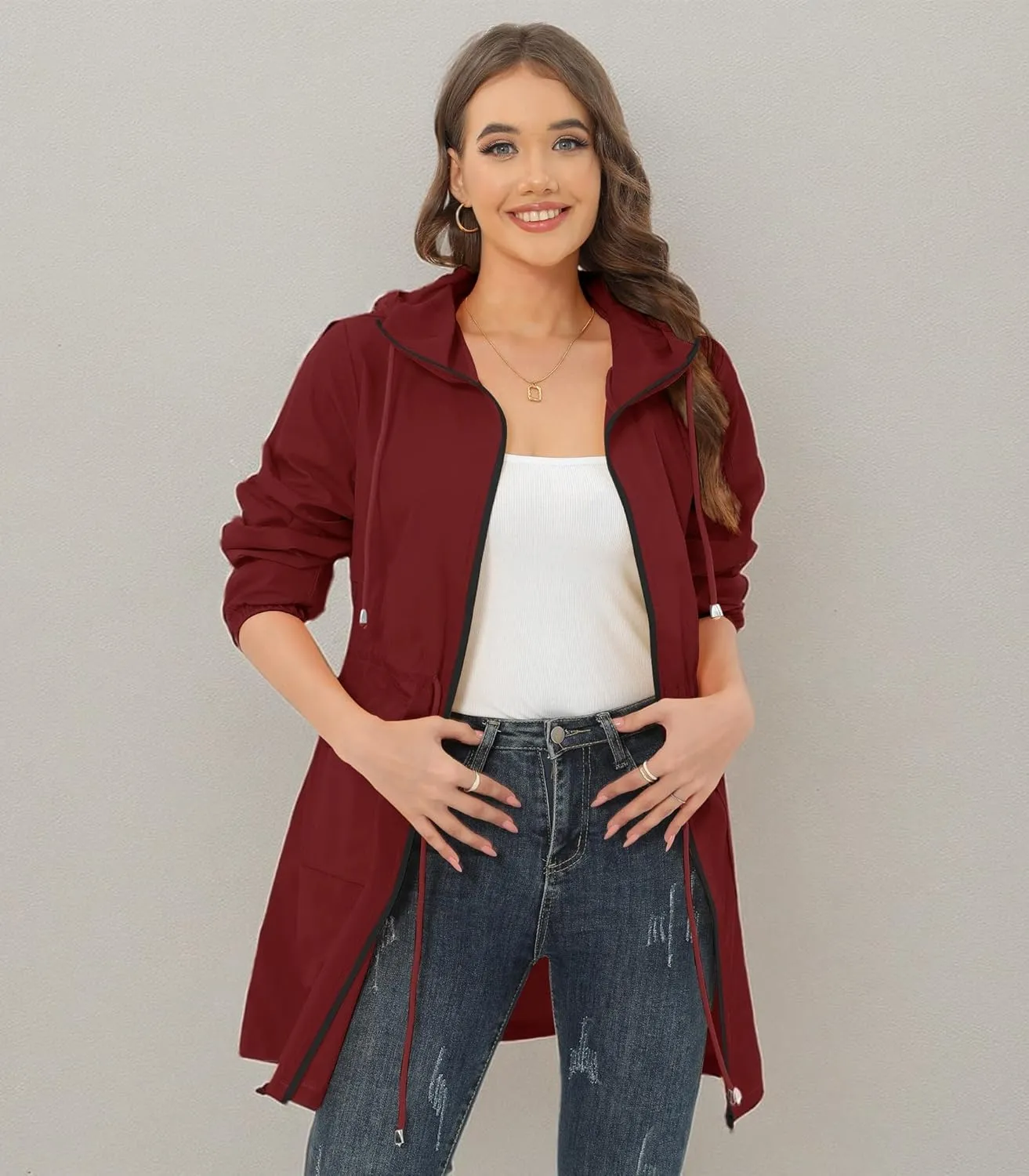 Rain Jacket for Women Waterproof with Hood Active Outdoor Long Rain Coats Packable Raincoat Lightweight Windbreaker