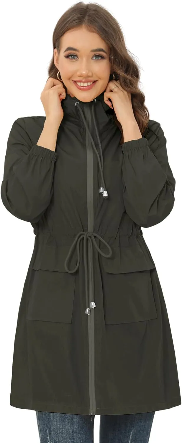 Rain Jacket for Women Waterproof with Hood Active Outdoor Long Rain Coats Packable Raincoat Lightweight Windbreaker