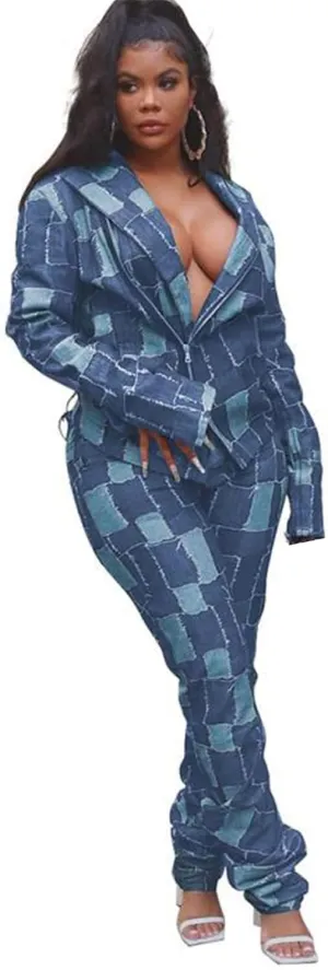 Recious Womens Sexy 2 Pieces Denim Printed Zipper Jackets Bodycon Pants Party Clubwear Tracksuit Outfits Set