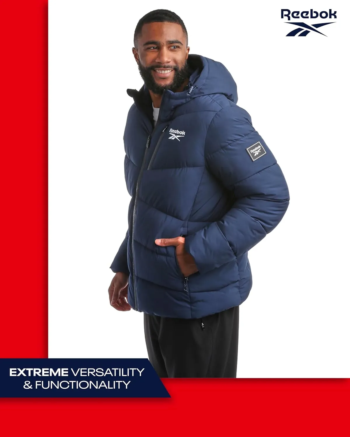 Reebok Men's Puffer Jacket - Comfort Stretch Insulated Puffer Jacket with Hood - Warm Hooded Jackets for Men (S-XXL)