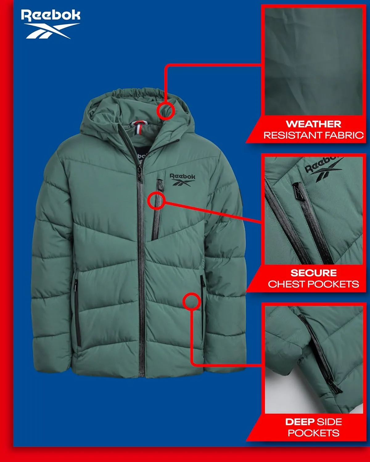 Reebok Men's Puffer Jacket - Comfort Stretch Insulated Puffer Jacket with Hood - Warm Hooded Jackets for Men (S-XXL)