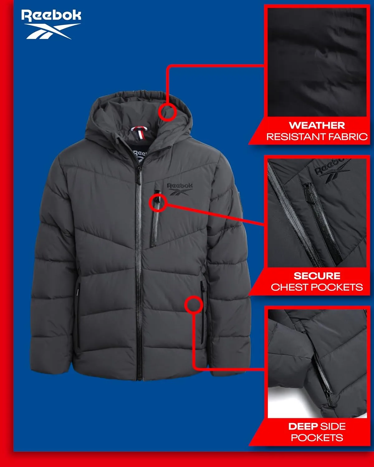 Reebok Men's Puffer Jacket - Comfort Stretch Insulated Puffer Jacket with Hood - Warm Hooded Jackets for Men (S-XXL)